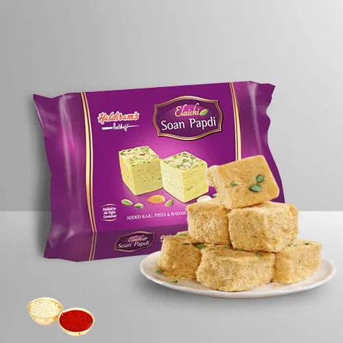 Soan Papdi from Haldiram with free Roli Tilak and Chawal.