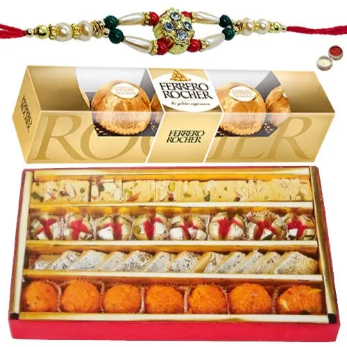 Haldiram Assorted Sweets with Ferrero Rocher Chocolates and a free Rakhi