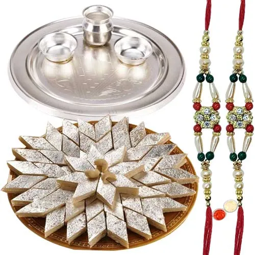 Silver Plated Thali having <font color=#FF0000>Haldiram</font>s Badam Katli and 2 free Rakhi, Roli Tilak and Chawal