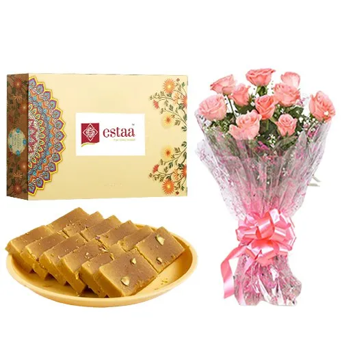 Blissful Mysore Pak from Estaa Sweets with Pink Rose Bouquet	