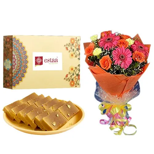 Classic Mysore Pak from Estaa Sweets with Seasonal Flower Bouquet	