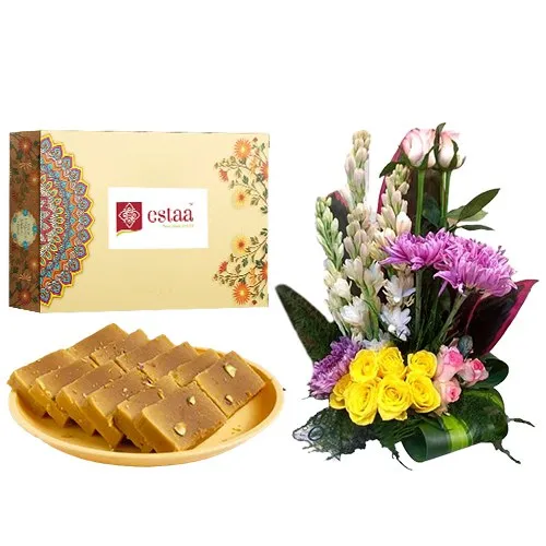 Delectable Mysore Pak from Estaa Sweets with Mixed Flower Arrangement