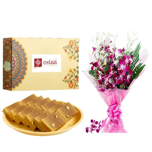 Delicious Mysore Pak from Estaa Sweets with Orchid Bouquet	