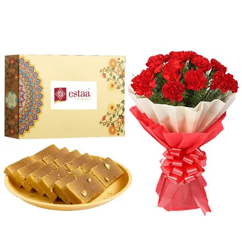 Delightful Mysore Pak from Estaa Sweets with Red Carnation Tissue Wrapped Bouquet	