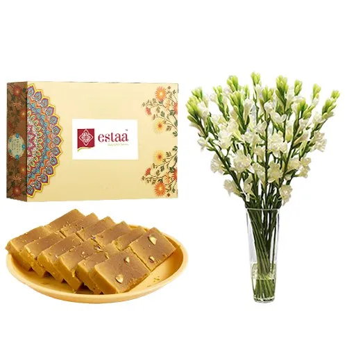 Divine Mysore Pak from Estaa Sweets with Rajnigandha Stems in Glass Vase	