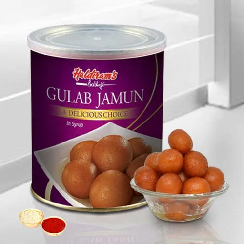 Gulab Jamun from Haldiram with free Roli Tilak and Chawal.