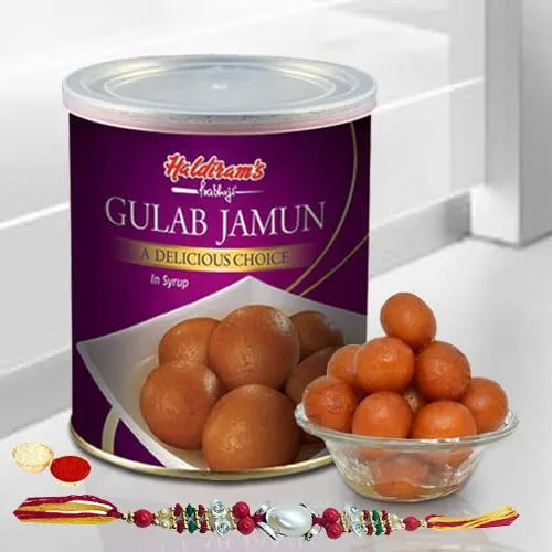 Lip-smacking Fresh Haldiram Gulab Jamuns with 2 Rakhis and Roli Tilak Chawal