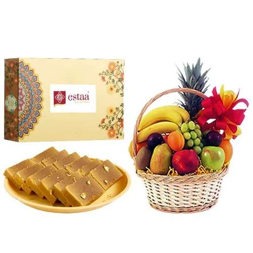 Remarkable Mysore Pak from Estaa Sweets with Fresh Fruit Basket