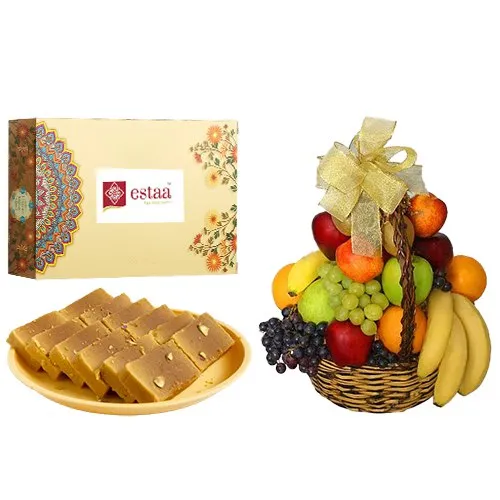 Rich Mysore Pak from Estaa Sweets with Fresh Fruit Basket<br>