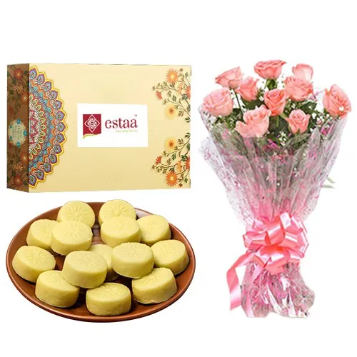 Scrumptious Doodh Peda from Estaa Sweets with Pink Rose Bouquet	