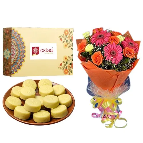 Sensational Doodh Peda from Estaa Sweets with Seasonal Flower Bouquet