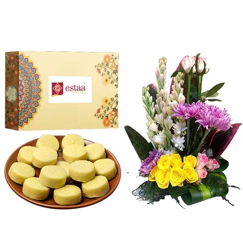 Special Doodh Peda from Estaa Sweets with Mixed Flower Arrangement