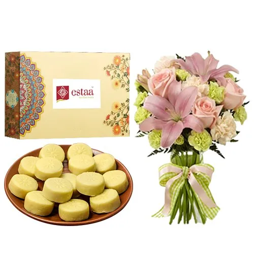 Sumptuous Doodh Peda from Estaa Sweets with Flowers Bouquet