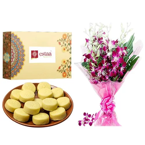 Tasty Doodh Peda from Estaa Sweets with Orchid Bouquet	