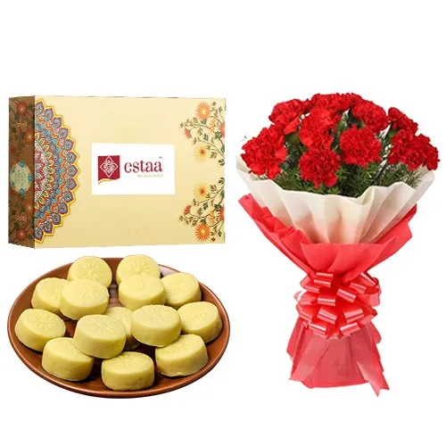 Tempting Doodh Peda from Estaa Sweets with Red Carnation Tissue Wrapped Bouquet	
