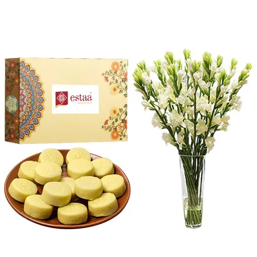 Wholesome Doodh Peda from Estaa Sweets with Rajnigandha Stems in Glass Vase	