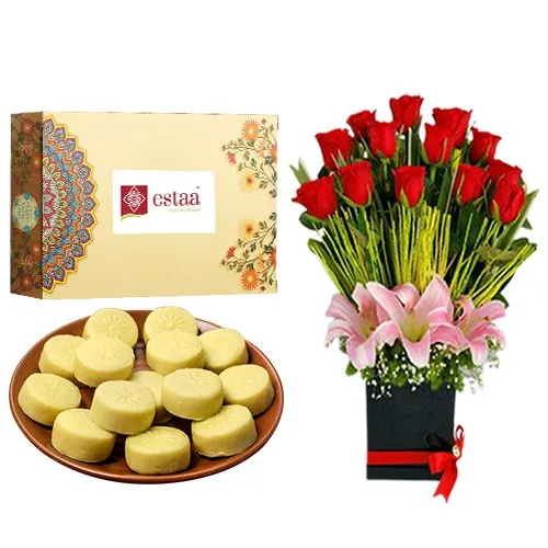 Yummy Doodh Peda from Estaa Sweets with Designer Flower Arrangement	