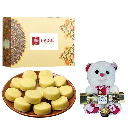 Enticing Doodh Peda from Estaa Sweets with Teddy  N  Ferrero Rocher