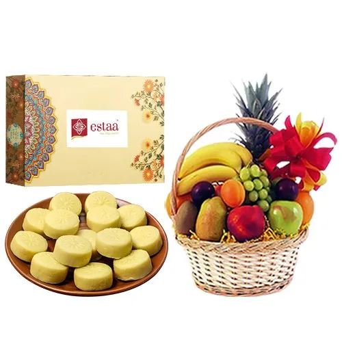 Finest Doodh Peda from Estaa Sweets with Fresh Fruit Basket