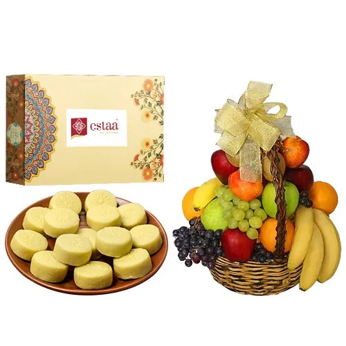 Glorious Doodh Peda from Estaa Sweets with Fresh Fruit Basket<br>