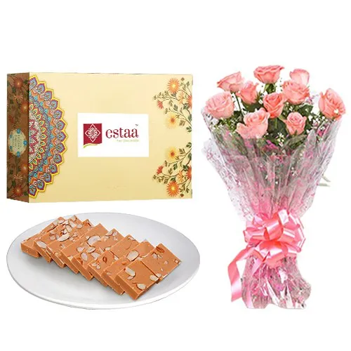 Delicious Horlicks Burfi from Estaa Sweets with Pink Rose Bouquet