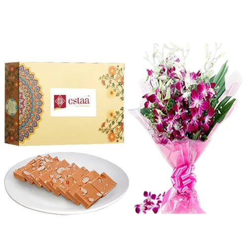 Lip-Smacking Horlicks Burfi from Estaa Sweets with Orchid Bouquet
