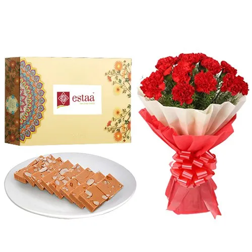 Luscious Horlicks Burfi from Estaa Sweets with Red Carnation Tissue Wrapped Bouquet