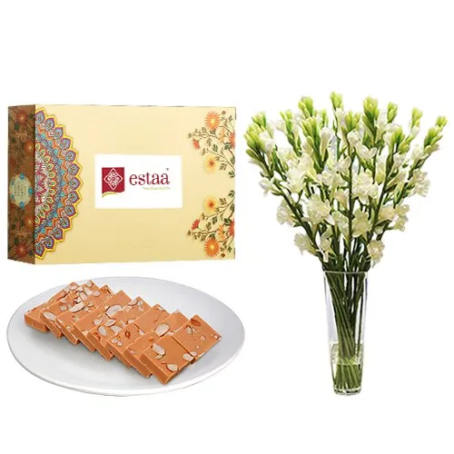 Magical Horlicks Burfi from Estaa Sweets with Rajnigandha Stems in Glass Vase
