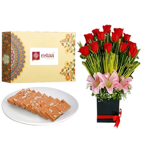 Marvelous Horlicks Burfi from Estaa Sweets with Designer Flower Arrangement