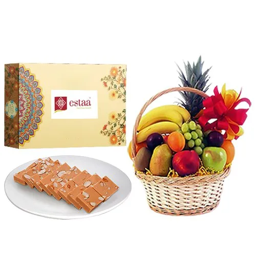 Wholesome Horlicks Burfi from Estaa Sweets with Fresh Fruit Basket