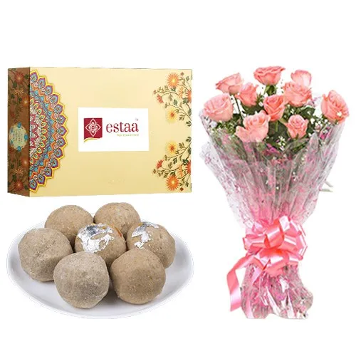 Blissful Sunnundalu from Estaa Sweets with Pink Rose Bouquet