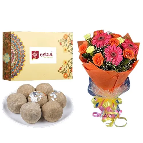 Classic Sunnundalu from Estaa Sweets with Seasonal Flower Bouquet
