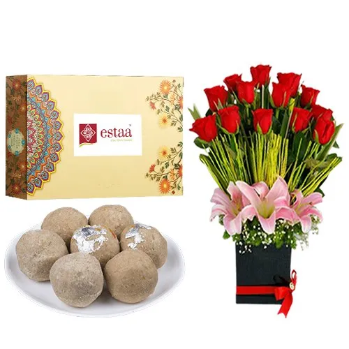 Ecstatic Sunnundalu from Estaa Sweets with Designer Flower Arrangement