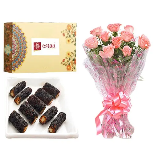 Remarkable Kaju Chocolate Roll from Estaa Sweets with Pink Rose Bouquet