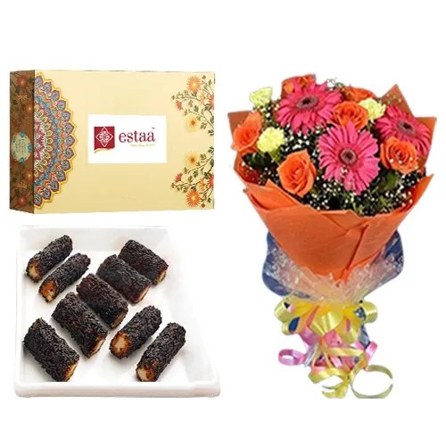 Rich Kaju Chocolate Roll from Estaa Sweets with Seasonal Flower Bouquet