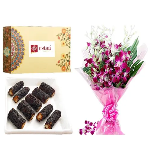 Sensational Kaju Chocolate Roll from Estaa Sweets with Orchid Bouquet
