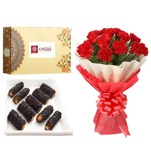 Smooth Kaju Chocolate Roll from Estaa Sweets with Red Carnation Tissue Wrapped Bouquet