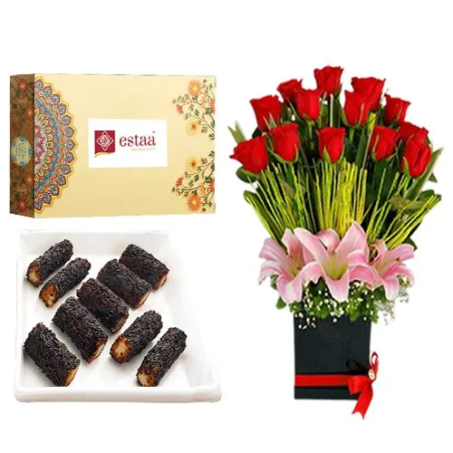 Tasty Kaju Chocolate Roll from Estaa Sweets with Designer Flower Arrangement