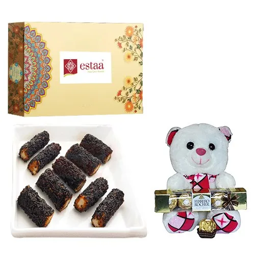 Enjoyable Kaju Chocolate Roll from Estaa Sweets with Teddy N Ferrero Rocher