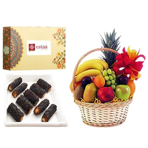 Marvelous Kaju Chocolate Roll from Estaa Sweets with Fresh Fruit Basket