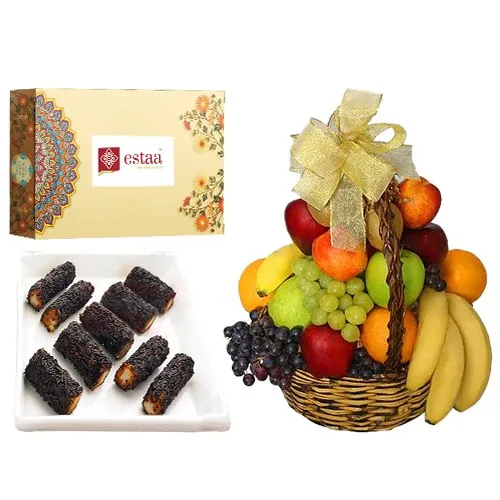 Tasty Kaju Chocolate Roll from Estaa Sweets with Fresh Fruit Basket<br>