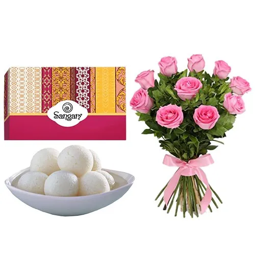 Awesome Pair of Pink Roses Bunch N Rasgolla from Sangam Sweets