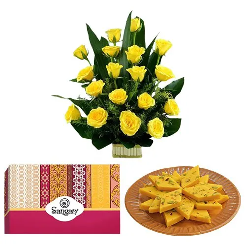 Special Kesar Kaju Barfi from Sangam Sweets N Yellow Roses Arrangement