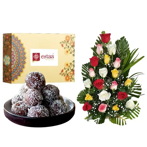Charming Mixed Roses Arrangement N Dry Gulab Jamun from Estaa Sweets