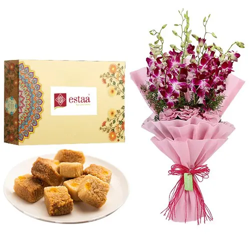 Enticing Ajmeri Kalakand from Estaa Sweets N Purple Orchids Bouquet