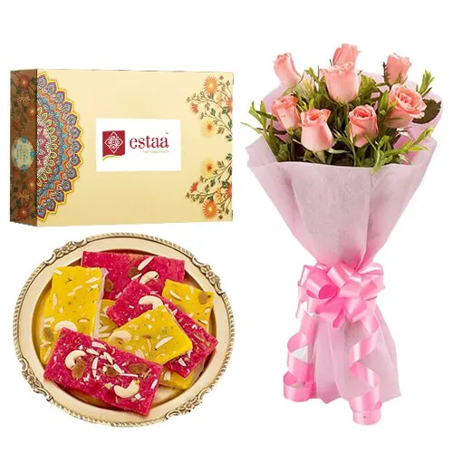 Premium Pink Roses Arrangement with Bombay Halwas from Estaa Sweets