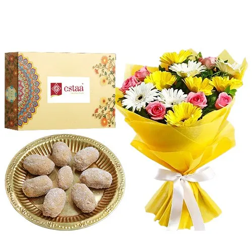 Tempting Dharwad Peda from Estaa Sweets with Mixed Flowers Bouquet