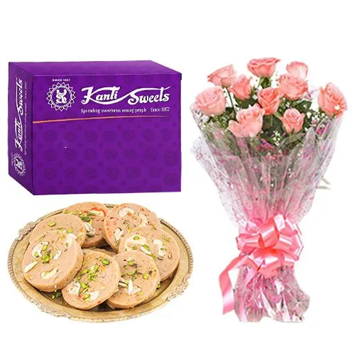 Enjoyable Sihan Halwa from Kanti Sweets with Pink Rose Bouquet	