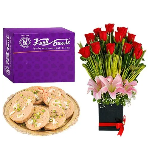 Enjoyable Sihan Halwa from Kanti Sweets with a Designer Flower Arrangement