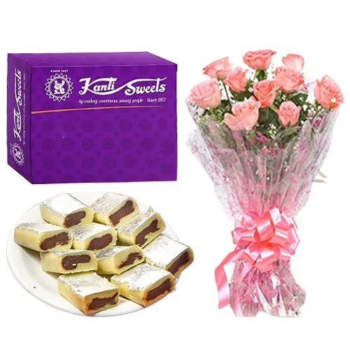 Blissful Chocolate Roll from Kanti Sweets with Pink Rose Bouquet